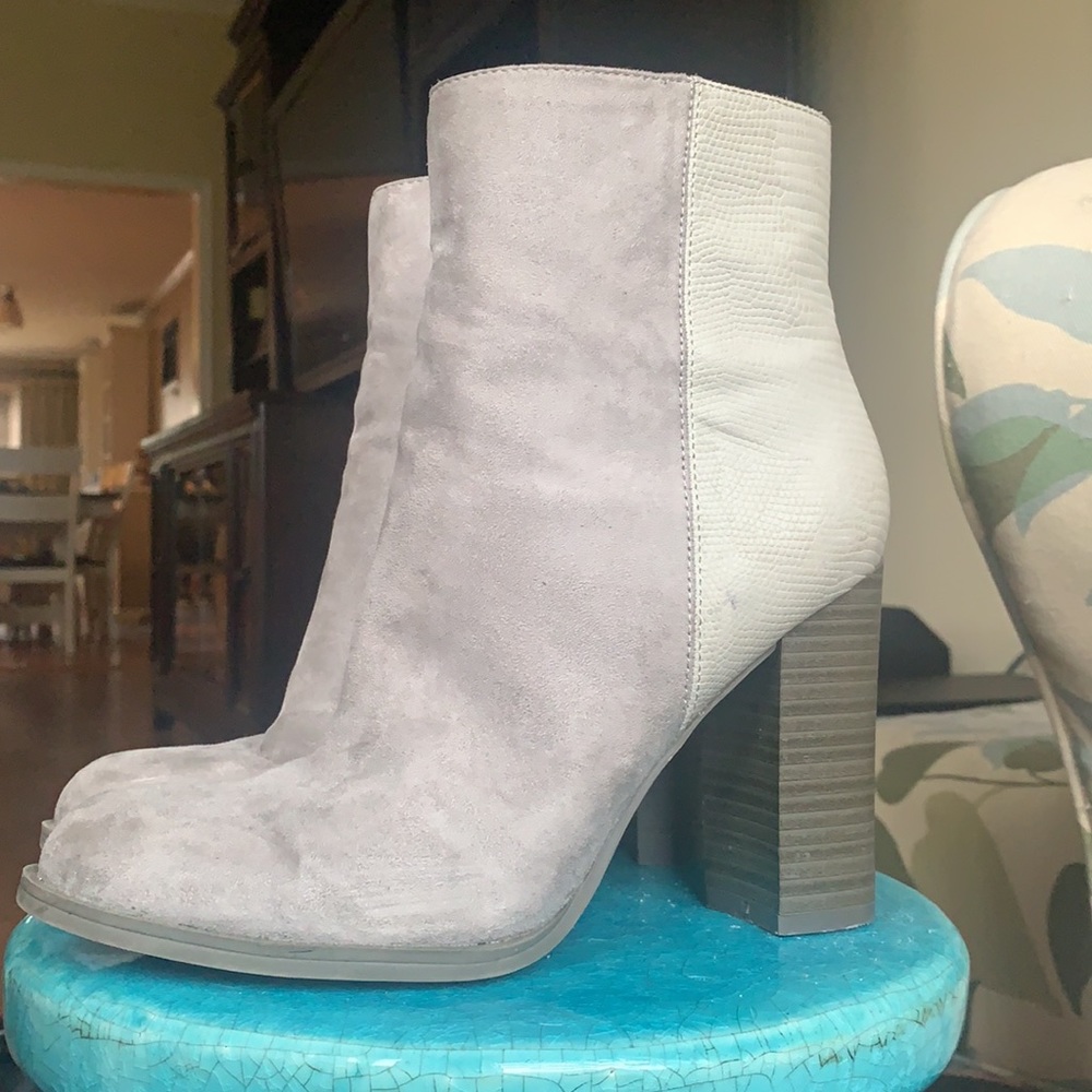 Gray heeled booties